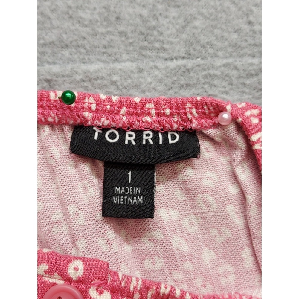 Torrid Women Skater Dress 1 Pink White Floral Scoop Neck Puff Sleeve Logo Casual - Picture 9 of 16